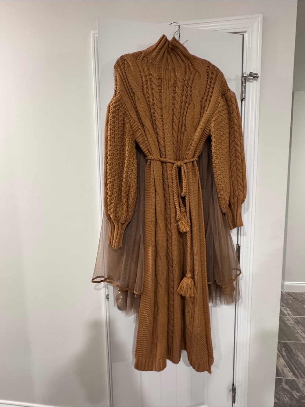 Cable-Knit Maxi Dress with Tulle Skirt in Brown